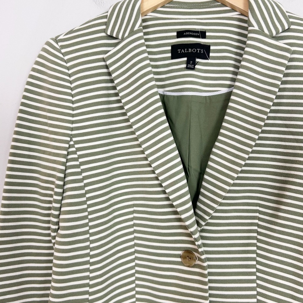 NEW Talbots Blazer Green White Striped Aberdeen Knit Jacket Size 2 Women